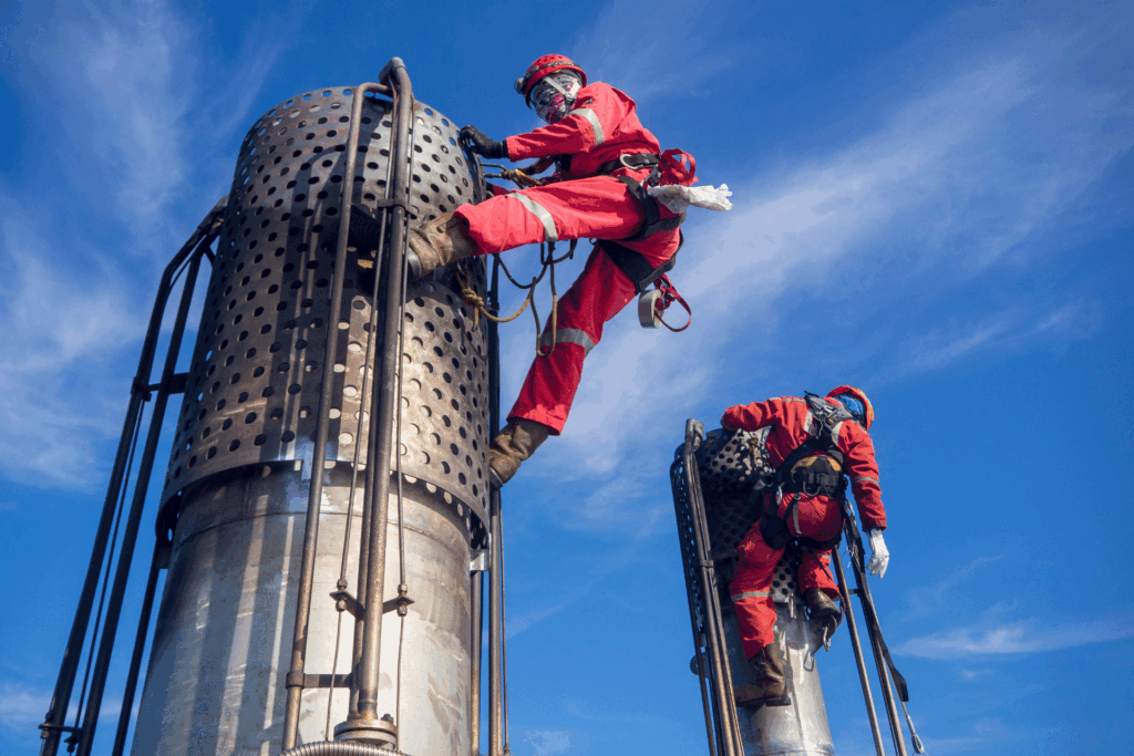 Rope access technicians flare stack maintenance