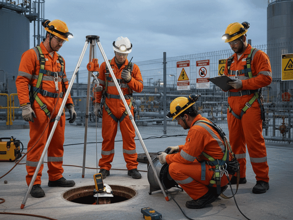 Confined space team setting up safe systems of work, monitoring and rescue readiness at entry