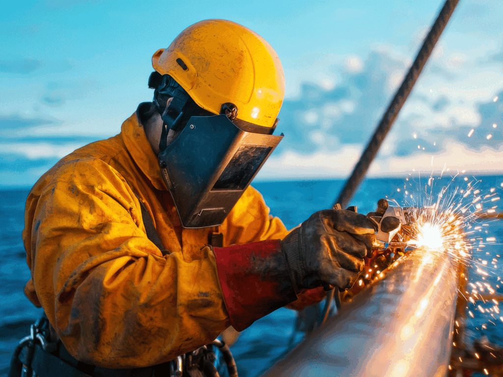 Rope access welder carrying out hot work repairs on marine steelwork