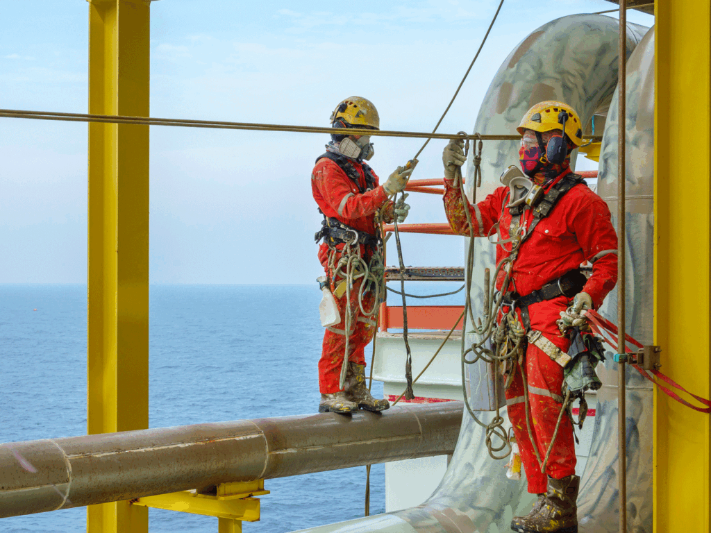 IRATA rope access technicians planning work at height for industrial maintenance and inspection