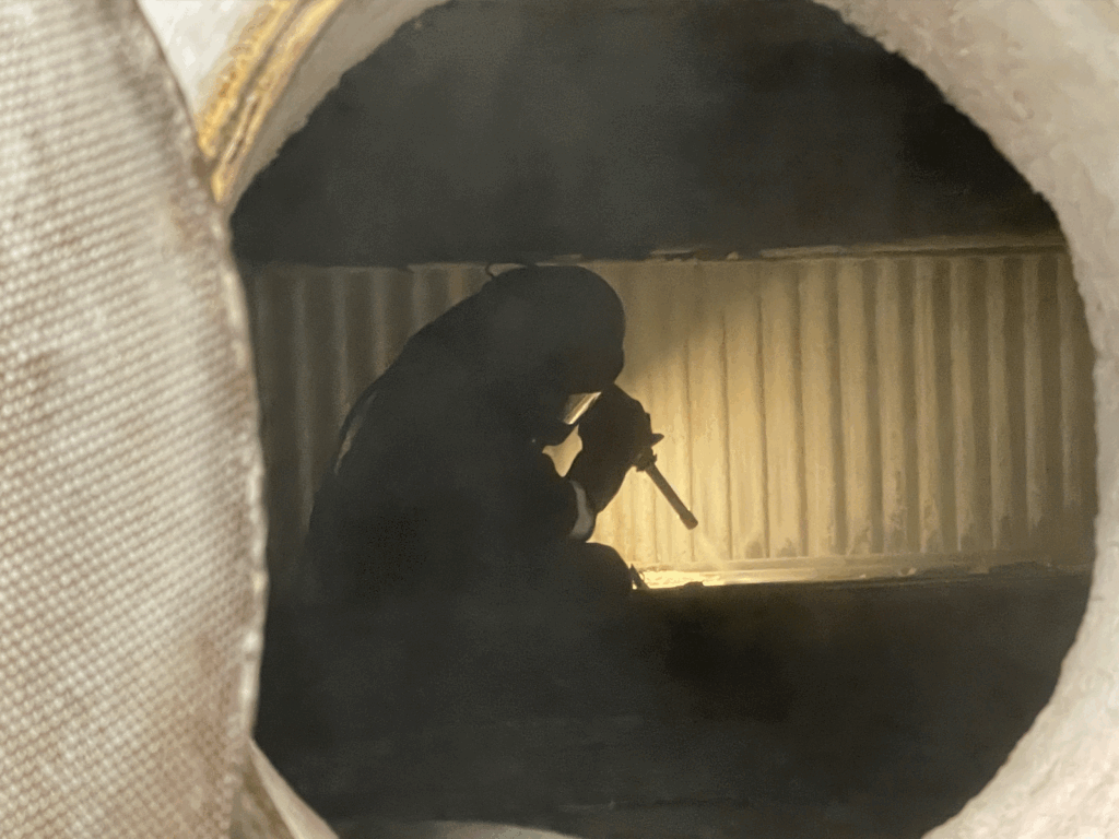 Silo and hopper inspection inside confined space for blockages, wear and structural condition