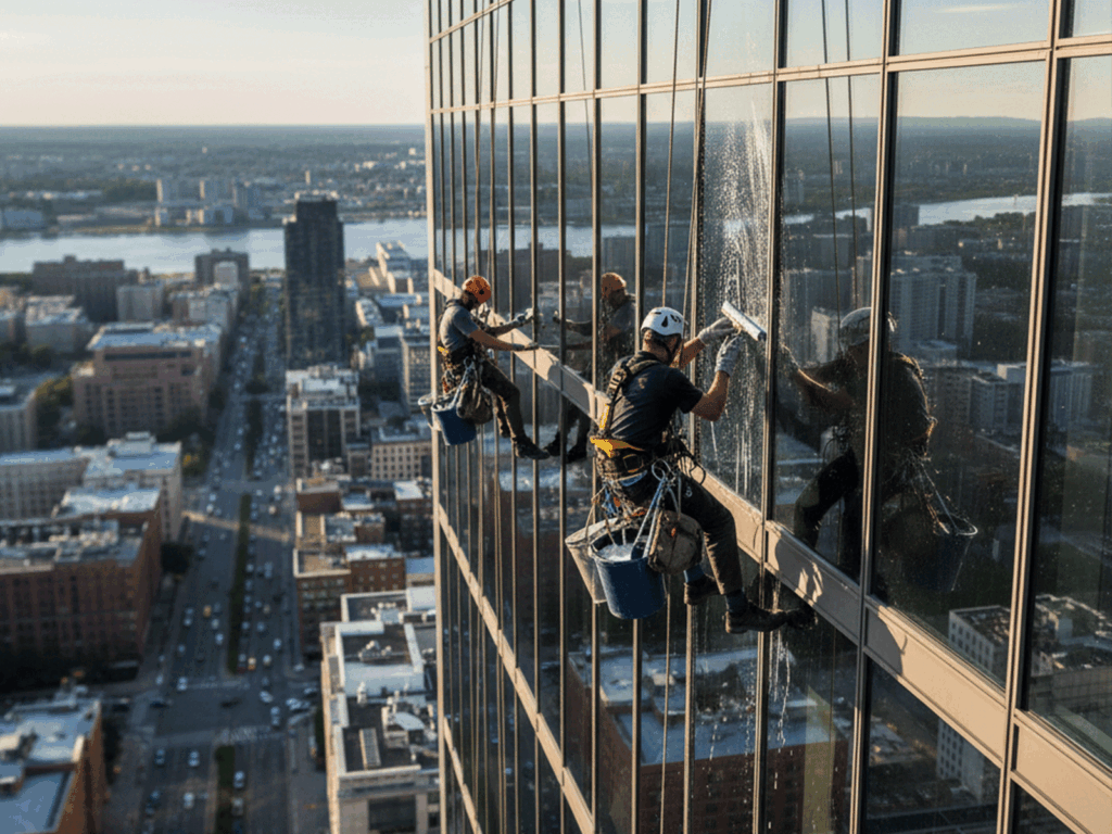 Rope access technicians carrying out façade inspection and maintenance on a high-rise building