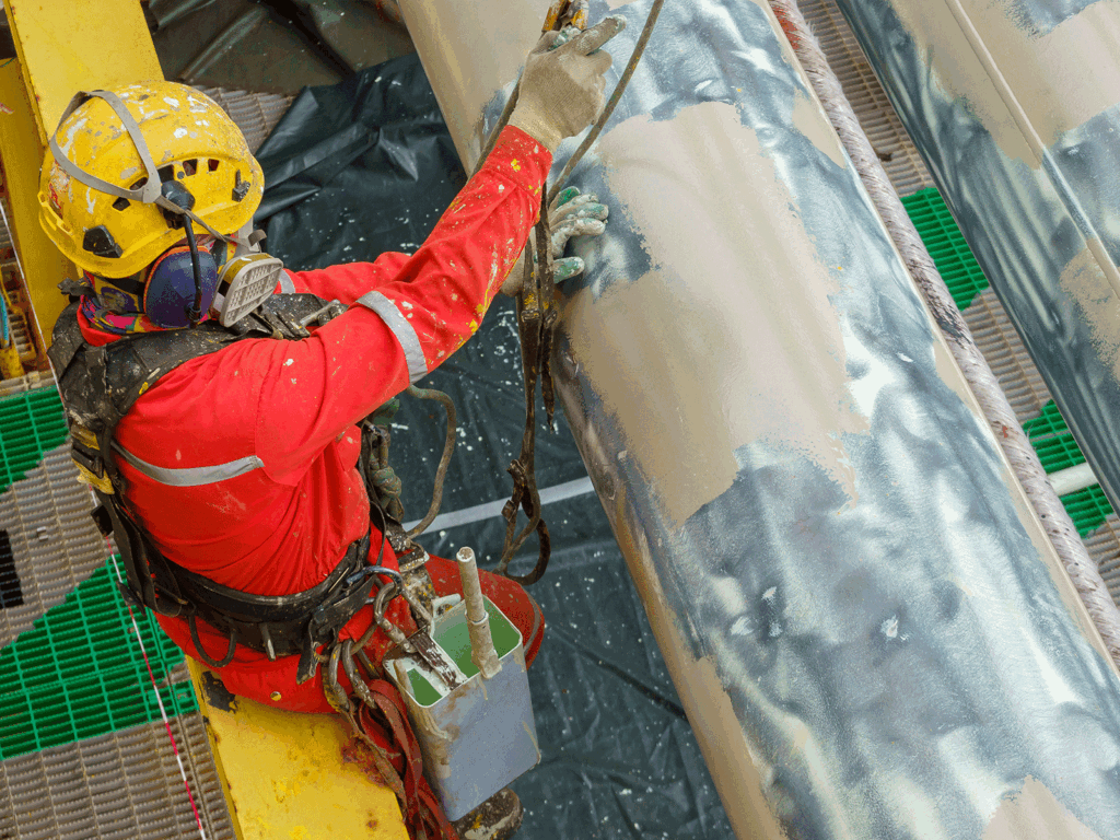 Rope access surface preparation and protective coating application on industrial steelwork
